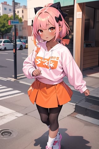 1girl, dark skin, vitiligo, light brown hair in a braid wirh pink ombre, brown eyes, orange hair bow, orange sweatshirt, pink skirt, black and orange leggings, pink and white shoes