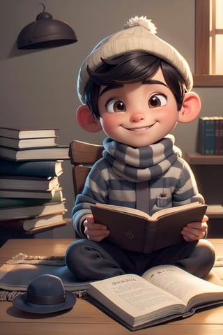 A boy with dark short hair,  Bchildren face,full body photo,cute Brown White Striped Top,Gray Woolen Hat,  Smiling, holding a thick book in his right hand. Sit at the desk, put your left hand on the book, concentrate on reading,single eyelid,Gray Woolen Scarf