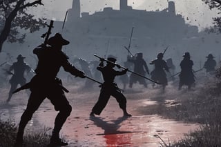 ((Silhouette:1.9)). it's too dark, without light. ((About 10 Assassins1.9)),((A swordsman wearing a wide-brimmed hat and masked About 10 assassins:1.8, crescent moon, grass. Two swordsmen are fighting among the long grass in a meadow with a crescent moon as thin as an eyebrow on a very pitch-black night in all directions1.8)). ((A swordsman flies into the air, wraps his hands around the handle of his sword, and makes a 45-degree downward slash motion. Another swordsman is making an urgent move to block the sword of another swordsman coming down1.5)).(( jump up and slash the sword. A man who gets stabbed splatters red blood:1.9)).red blood splatters, About 10 Assassins surround them.
There is a bit of fog around, reflecting the blue light of the black crescent moon of the swordsman striking, showing even more urgency.
((Silhouette:1.9)), distant view, 8K, ((gloomy, solemn, urgent, scary, speed:1.5)), birds flying away in surprise,Sketch,Storyboard