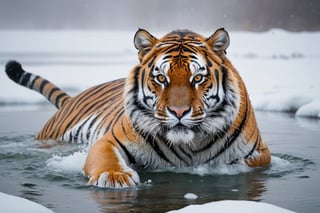 A surreal photo of a very realistic tiger. A tiger is rolling around in the warm water of a very steamy hot spring in the snowy tundra. A thick fog rises so thick that you can't see what's ahead.

Beautiful scenes, surreal, colorful, very fast-paced, sense of urgency, horror,
Ultra-clear, Ultra-detailed, ultra-realistic, Distant view. full body shot