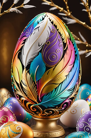 Easter eggs designed with arabesques and swirls using a harmonious mix of rainbow colors.
Numerous golden tiny twigs and many white feathers cover the egg from the bottom as if protecting it.
The egg shines even brighter due to the intense lighting that illuminates the egg on a dark plnk and golden background.

Ultra-clear, Ultra-detailed, ultra-realistic, ultra-close up