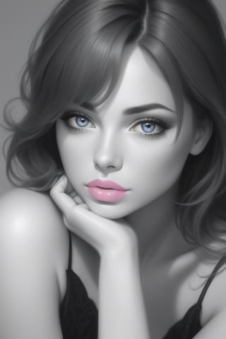 Monochrome, a woman, black and white, contrast, tone, texture, detailed,pink lip,blue eyes,40 years old sexy girl,Pure Beauty