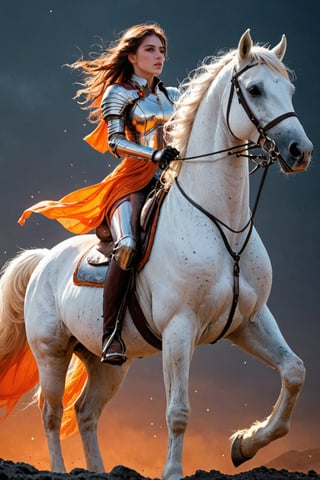 beautiful woman,  faded elegance, mournful atmosphere,  beauty, melancholy aura, hauntingly captivating, stark contrast, delicate decay, line art, backlighting, wind, backlighting, Stardust,(Wind:1.2) , sword knight riding a white horse, Orange Blood
,Contained Color,anica_teddy