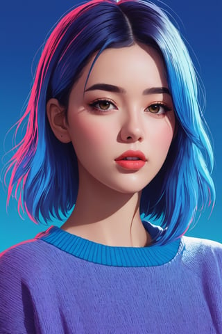 shadow flat vector art, illustrator, anime , realistic ,sketch , 1girl, ,lip, Sweater,order, Blue gradient background, Neon hair,Textured crop,xxmix_girl