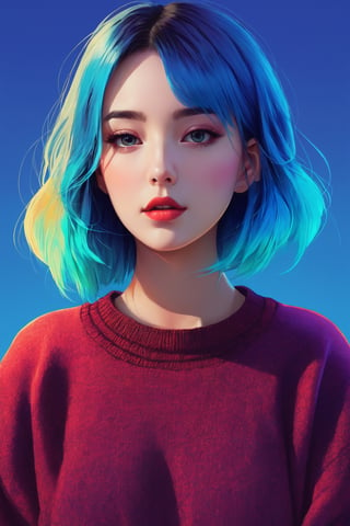 shadow flat vector art, illustrator, anime , realistic ,sketch , 1girl, ,lip, Sweater,order, Blue gradient background, Neon hair,Textured crop,xxmix_girl