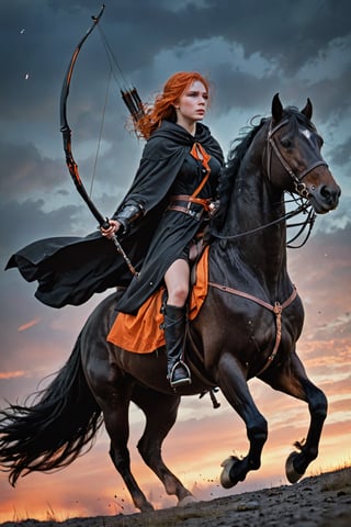 1 beautiful woman,  faded elegance, mournful atmosphere,  beauty, melancholy aura, hauntingly captivating, stark contrast, delicate decay, line art, backlighting, wind, backlighting, Stardust,(Wind:1.2) , black cloak, arrow, quiver, An archer riding a black horse with a bow on his back, Orange Blood
,Contained Color,anica_teddy,photo r3al