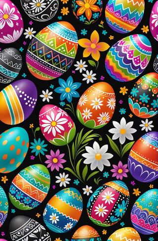 1 Easter egg designed with pretty flowers and various patterns in a harmonious mix of rainbow colors
Intense lighting illuminating eggs on a black background.

Ultra-clear, Ultra-detailed, ultra-realistic, ultra-close up