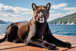 A black cougar wearing a harness is relaxing on the deck of a large power yacht with her front paws resting on her chin.
(((Perfectly black puma: 2.0))), 


best quality, masterpiece, photorealistic,  highres, Ultra-detailed, ultra-realistic, ultra-clear, very Distant view.,Ivi