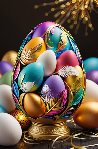 Easter eggs designed with arabesques and swirls using a harmonious mix of rainbow colors.
A pile of tiny golden twigs and many white feathers cover the egg from the bottom as if protecting it.
The egg shines even brighter due to the intense lighting that illuminates the egg on a dark plnk and golden background.

Ultra-clear, Ultra-detailed, ultra-realistic, ultra-close up