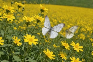 Many white and yellow butterflies flying into the rape flowers.

Ultra-clear, Ultra-detailed, ultra-realistic, ultra-close up, Prevent facial distortion,