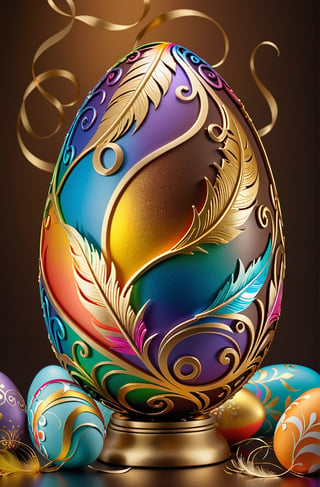 Easter eggs designed with arabesques and swirls using a harmonious mix of rainbow colors.
Golden branches and feathers cover the egg from the bottom as if to protect it.
The egg shines even brighter due to the intense lighting that illuminates the egg on a dark brown and golden background.

Ultra-clear, Ultra-detailed, ultra-realistic, ultra-close up