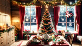 Christmas tea, window overlooking a magical forest, curtains on the window, magic, Christmas background, Mysterious, Mysterious,Christmas Room,Santa Claus,Abstract,Christmas,
There is a lot of snow outside the window.