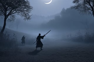 Silhouette. Two swordsmen, crescent moon, grass. Two swordsmen are fighting among the long grass in a meadow with a crescent moon as thin as an eyebrow on a dark night in all directions. ((One swordsman flies into the air and makes a downward motion with his sword at a 45 degree angle with both hands, while the other swordsman makes an urgent motion to block the other swordsman's sword as it comes down1.5)).
There is a bit of fog around, reflecting the blue light of the black crescent moon of the swordsman striking, showing even more urgency.
Silhouette, 8K, gloomy, solemn, urgent, scary, distant view