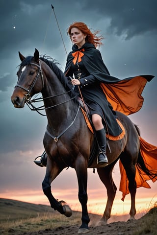 1 beautiful woman,  faded elegance, mournful atmosphere,  beauty, melancholy aura, hauntingly captivating, stark contrast, delicate decay, line art, backlighting, wind, backlighting, Stardust,(Wind:1.2) , black cloak, aAn archer riding a black horse with a bow on his back, Orange Blood
,Contained Color,anica_teddy,photo r3al