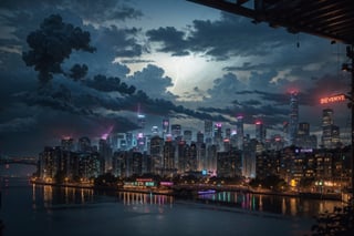 cyberpunk city, neon lights, buildings, scenery, cityscape, river, pedestrians, outdoor bars. Night scene, ultra realistic, highly detailed,black clouds,city silhouette,There is a lot of lightning everywhere in the city.