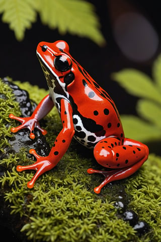 Lehmann's Poison Dart Frog, sitting on a mossy stone with flowing water, has a all deep dark red background with its entire body, including its back and belly, with wide, black irregular spotted patterns like a band around the eyes and back.

Ultra close-up photography, Ultra-detailed, ultra-realistic,