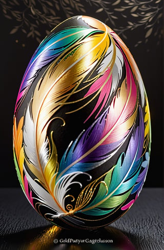 Easter eggs designed with honeysuckle and swirl patterns in a harmonious mix of rainbow colors,
Gold and silver threads are bundled together and wrapped from the bottom of the egg, as if protecting it, along with many white feathers.
The egg shines even brighter due to the intense lighting that illuminates the egg on a dark black and golden background.

Ultra-clear, Ultra-detailed, ultra-realistic, ultra-close up