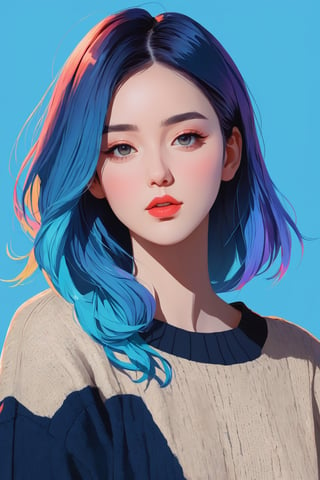 shadow flat vector art, illustrator, anime , realistic ,sketch , 1girl, ,lip, Sweater,order, Blue gradient background, Neon hair,Textured crop,xxmix_girl