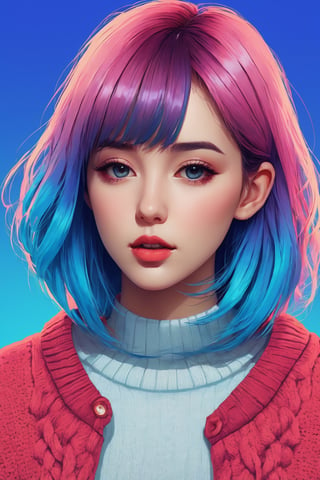 shadow flat vector art, illustrator, anime , realistic ,sketch , 1girl, ,lip, Sweater,order, Blue gradient background, Neon hair,Textured crop,xxmix_girl