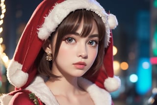 ((1girl, 18year old girl:1.5)), ((Portrait)),loli, petite girl,  whole body, children's body, beautiful shining body, bangs,((darkbrown hair:1.3)),high eyes,(aquamarine eyes), petite,tall eyes, beautiful girl with fine details, Beautiful and delicate eyes, detailed face, Beautiful eyes,natural light,((realism: 1.2 )), dynamic far view shot,cinematic lighting, perfect composition, by sumic.mic, ultra detailed, official art, masterpiece, (best quality:1.3), reflections, extremely detailed cg unity 8k wallpaper, detailed background, masterpiece, best quality , (masterpiece), (best quality:1.4), (ultra highres:1.2), (hyperrealistic:1.4), (photorealistic:1.2), best quality, high quality, highres, detail enhancement, ((very short hair:1.4)),
((tareme,animated eyes, big eyes,droopy eyes:1.2)),((random expression)),,random Angle,((santa costume:1.4)),((thick eyebrows:1.1)),perfect,((manga like visual)),((christmas decorations)),perfect light,white fur,facial_mark, neon_palette, shaped_highlights, ((bokeh background, blurry background)), night time, night sky, (city light), horizontal angle, looking away, perfect anatomy, colorful hair clip, many hair clips, christmas theme,Makeup,beautiful