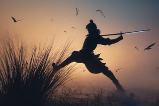 ((Silhouette:1.9)). it's too dark, little light. ((About 10 Assassins1.8)),((A swordsman wearing a wide-brimmed hat and masked About 10 assassins:1.8, crescent moon, grass. Two swordsmen are fighting among the long grass in a meadow with a crescent moon as thin as an eyebrow on a very pitch-black night in all directions1.8)). ((A swordsman flies into the air, wraps his hands around the handle of his sword, and makes a 45-degree downward slash motion. Another swordsman is making an urgent move to block the sword of another swordsman coming down1.5)). jump up and slash the sword. About 10 Assassins surround them.
There is a bit of fog around, reflecting the blue light of the black crescent moon of the swordsman striking, showing even more urgency.
((Silhouette:1.9)), distant view, 8K, gloomy, solemn, urgent, scary, speed, birds flying away in surprise,Sketch,Storyboard