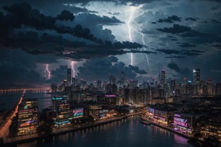 cyberpunk city, neon lights, buildings, scenery, cityscape, river, pedestrians, outdoor bars. Night scene, ultra realistic, highly detailed,black clouds,city silhouette,There is a lot of lightning everywhere in the city,10 lightning bolts,heavy rain