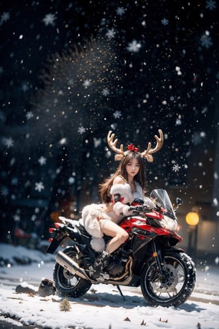 Outdoors, snowing, mountain road with blowing snow, beautiful girl in sexy christmas outfit, sitting on the back of a deer,Christmas gifts are scattered on the ground, ((looks at camera)), high resolution, highly detailed, looking at viewer, sexy appearance, posing for Photoshoot, girl, sexy christmas outfit, 1 girl, 1 Rudolph , reality, sntdrs, snowflakes, very sharp, heavy snow, Rudolph the deer with its horn cut off watches from the side of Santa Girl., christmas,realistic,ChristmasDecorativeStyle,Snow,Snowflakes