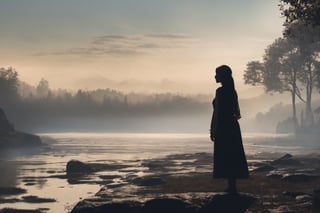 ((Silhouette:1.9)).((huge waterfall)), ((shack)), A beautiful woman standing in front of a waterfall, little light. crescent moon, grass. There is a bit of fog around, The background is a high waterfall,  You can see a waterfall hidden deep in a rocky mountain with an oriental atmosphere, and a cabin is built in front of it.
((Silhouette:1.9)), distant view, 8K, gloomy, solemn, urgent, scary, speed, birds flying away in surprise,Sketch,Storyboard