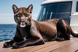 A black cougar wearing a harness is relaxing on the deck of a large power yacht with her front paws resting on her chin.
(((Perfectly black puma: 2.0))), 


best quality, masterpiece, photorealistic,  highres, Ultra-detailed, ultra-realistic, ultra-clear, very Distant view.,Ivi