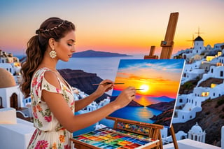 A beautiful 23-year-old woman is painting a sunset in Santorini on canvas.
Easel, canvas, brush, palette
((ultra realistic:1.5)), very hyper detailed, (masterpiece,  top quality,  best quality,  official art,  beautiful and aesthetic:1.2),  extremely detailed, (fractal art:1.1), (colorful:1.1)(flowers:1.3), highest detailed, (zentangle:1.2),  (dynamic pose),  (abstract background:1.3),  (many colors:1.4),  , (earrings),  (feathers:1.5).,  (masterpiece, best quality:1.5), photo-like,photo r3al