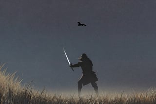 ((Silhouette1.8)). it's too dark, ((Two swordsmen, crescent moon, grass. Two swordsmen are fighting among the long grass in a meadow with a crescent moon as thin as an eyebrow on a very pitch-black night in all directions1.8)). ((A swordsman flies into the air, wraps his hands around the handle of his sword, and makes a 45-degree downward slash motion. Another swordsman is making an urgent move to block the sword of another swordsman coming down1.5)). jump up and slash the sword
There is a bit of fog around, reflecting the blue light of the black crescent moon of the swordsman striking, showing even more urgency.
Silhouette, distant view, 8K, gloomy, solemn, urgent, scary, speed, birds flying away in surprise,