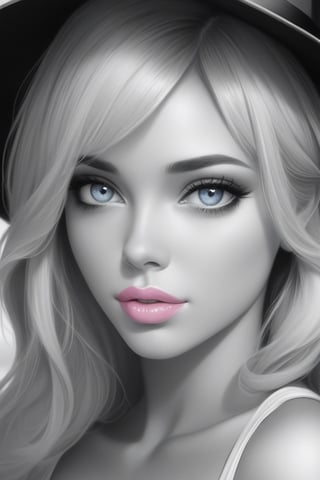 Monochrome, a woman, black and white, contrast, tone, texture, detailed,pink lip,blue eyes,31 years old sexy girl