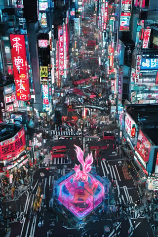 night city, top view ,Spirit Fox Pendant, people walking, realstic, neon light. high detail, high_resolution,make_3d,japan,Night view of Namba, Osaka, Osaka, scenery,traffic light, japan,DonMR0s30rd3rXL ,Pedestrian Signals,rose