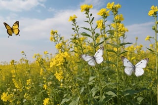 Many white and yellow butterflies flying into the rape flowers.

Ultra-clear, Ultra-detailed, ultra-realistic, ultra-close up, Prevent facial distortion,