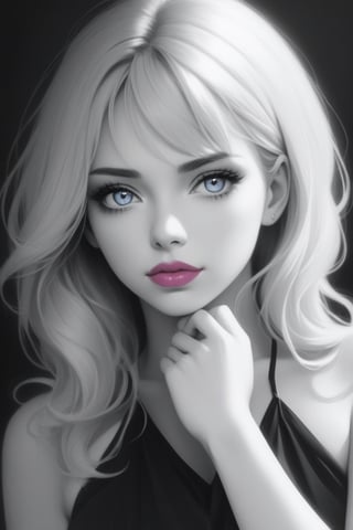 Monochrome, a woman, black and white, contrast, tone, texture, detailed,pink lip,blue eyes,33 years old sexy girl