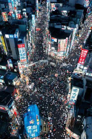 night city, top view ,Spirit Fox Pendant, people walking, realstic, neon light. high detail, high_resolution,make_3d,japan,Night view of Shibuya, Tokyo