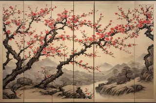 A 12-panel ink-and-wash painting folding screen depicting red plum blossoms with roses.

Ultra-clear, Ultra-detailed, ultra-realistic, ultra-close up, Prevent facial distortion,