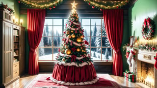 Christmas tea, window overlooking a magical forest, curtains on the window, magic, Christmas background, Mysterious, Mysterious,Christmas Room,Santa Claus