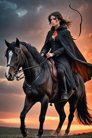 1 beautiful woman,  faded elegance, mournful atmosphere,  beauty, melancholy aura, hauntingly captivating, stark contrast, delicate decay, line art, backlighting, wind, backlighting, Stardust,(Wind:1.2) , black cloak, aAn archer riding a black horse with a bow on his back, Orange Blood
,Contained Color,anica_teddy,photo r3al