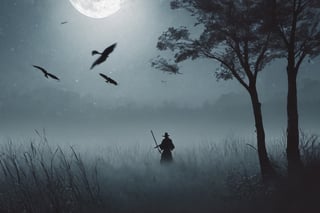 ((Silhouette:1.9)). it's too dark, ((A swordsman wearing a wide-brimmed hat and masked About 10 assassins:1.8, crescent moon, grass. Two swordsmen are fighting among the long grass in a meadow with a crescent moon as thin as an eyebrow on a very pitch-black night in all directions1.8)). ((A swordsman flies into the air, wraps his hands around the handle of his sword, and makes a 45-degree downward slash motion. Another swordsman is making an urgent move to block the sword of another swordsman coming down1.5)). jump up and slash the sword. About 10 Assassins surround them.
There is a bit of fog around, reflecting the blue light of the black crescent moon of the swordsman striking, showing even more urgency.
((Silhouette:1.9)), distant view, 8K, gloomy, solemn, urgent, scary, speed, birds flying away in surprise,Sketch