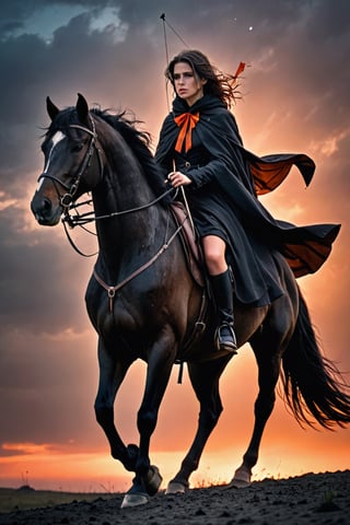 1 beautiful woman,  faded elegance, mournful atmosphere,  beauty, melancholy aura, hauntingly captivating, stark contrast, delicate decay, line art, backlighting, wind, backlighting, Stardust,(Wind:1.2) , black cloak, aAn archer riding a black horse with a bow on his back, Orange Blood
,Contained Color,anica_teddy,photo r3al