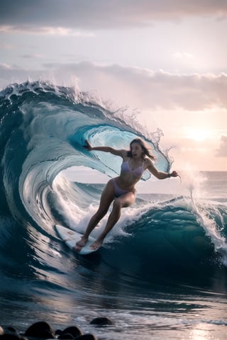 1 beauty girl, surfing, Surfingboard, Beautiful 22 year old woman riding a surfboard in high wavescentered, photography, raw photo, cozy beach, huge waves, Waves curled up like a cave, Ride the board against the waves and come down with incredible speed, stable posture, Escape sideways from the wave cave, aesthetic vibe, ilumination, blue and pink color shade,  bokeh, depth of field, ,JeeSoo ,Sexy_attire ,SEE THROUGH