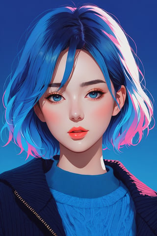 shadow flat vector art, illustrator, anime , realistic ,sketch , 1girl, ,lip, Sweater,order, Blue gradient background, Neon hair,Textured crop,xxmix_girl