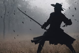 ((Silhouette:1.9)). it's too dark, without light. ((About 10 Assassins1.9)),((A swordsman wearing a wide-brimmed hat and masked About 10 assassins:1.8, crescent moon, grass. Two swordsmen are fighting among the long grass in a meadow with a crescent moon as thin as an eyebrow on a very pitch-black night in all directions1.8)). ((A swordsman flies into the air, wraps his hands around the handle of his sword, and makes a 45-degree downward slash motion. Another swordsman is making an urgent move to block the sword of another swordsman coming down1.5)).(( jump up and slash the sword. A man who gets stabbed splatters red blood:1.9)).About 10 Assassins surround them.
There is a bit of fog around, reflecting the blue light of the black crescent moon of the swordsman striking, showing even more urgency.
((Silhouette:1.9)), distant view, 8K, ((gloomy, solemn, urgent, scary, speed:1.5)), birds flying away in surprise,Sketch,Storyboard