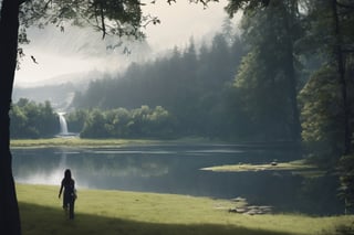 ((Silhouette:1.9)).((huge waterfall)),shack,A beautiful woman standing in front of a waterfall, little light. crescent moon, grass. There is a bit of fog around, The background is a high waterfall,  You can see a waterfall hidden deep in a rocky mountain with an oriental atmosphere, and a cabin is built in front of it.
((Silhouette:1.9)), distant view, 8K, gloomy, solemn, urgent, scary, speed, birds flying away in surprise,Sketch,Storyboard