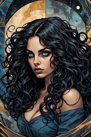 centered, abstract portrait of beautiful girl in tarot cards style, intricate detail, merge mystery of tarot and endless beauty of space, dark palette, artwork, crisp lines, rough aesthetics, masterpiece, abstract, surrealism, realistic, detailed, high resolution, Leonardo Style, Comic Book-Style 2d, (Black hair, long hair, curly hair, blue eyes, fair skin)