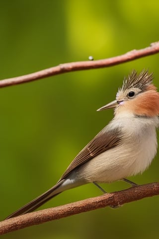 An adorable little bird is perched on a branch, showcasing the best quality, photo-realistic, ultra-detailed 4K effect. The bird's feathers are vibrant in color, and it has a cute expression. Water droplets hang on the nearby leaves.