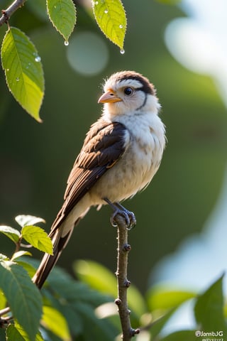 An adorable little bird is perched on a branch, showcasing the best quality, photo-realistic, ultra-detailed 4K effect, with water droplets hanging on the nearby leaves.

