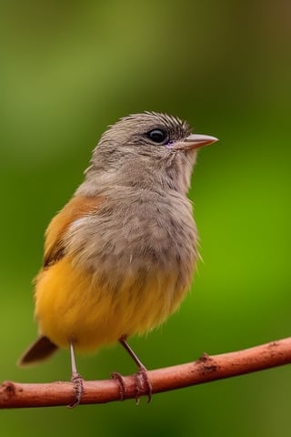 An adorable little bird is perched on a branch, showcasing the best quality, photo-realistic, ultra-detailed 4K effect. The bird's feathers are vibrant in color, and it has a cute expression. Water droplets hang on the nearby leaves.