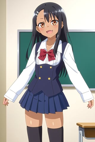 Highly detailed, High Quality, masterpiece, beautiful, 1girl, solo, hayase nagatoro, long hair, bangs, black hair, hair ornament, brown eyes, hairclip, fang, dark skin, dark-skinned female, school uniform, ((shirt, shirt sleeves)), long sleeves, white sleeves, bow, pleated skirt, vest, waist-length skirt, thighhighs, black thighhighs, zettai ryouiki, front_view, 